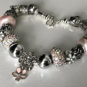 European Style Snake Chain Silver Plated Bracelet with Beads, Lobster Clasp,8.5"